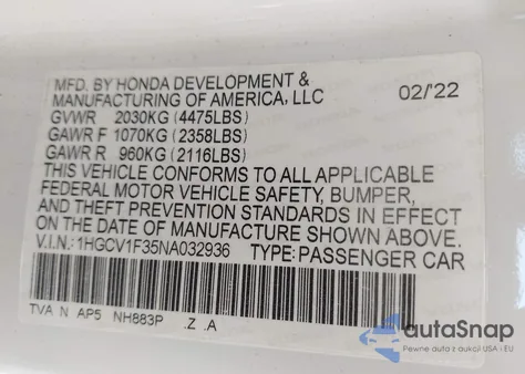 2022 Honda Accord Sport from USA, damaged, VIN 1HGCV1F35NA032936
